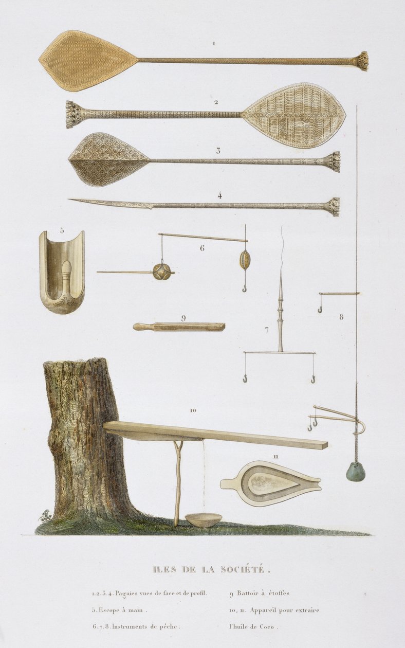 社会群岛：pangas，钓鱼钩和其他工具，来自“环游世界”，在1822年，1823年，1824年和1825年期间由国王陛下的克尔维特壳牌执行。 作者 安托万·查扎尔（Antoine Chazal）
