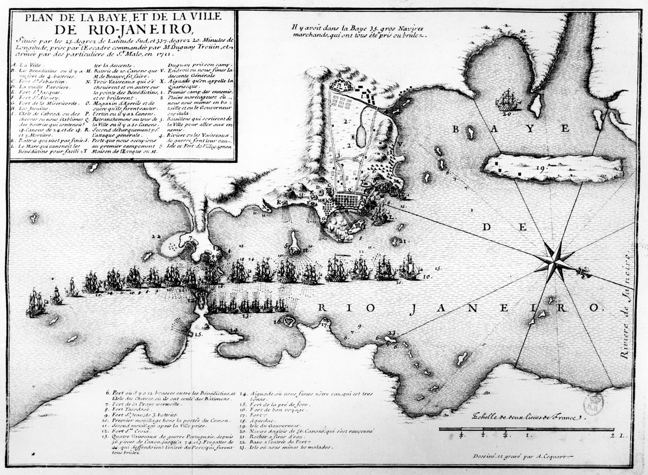 1711年在Duguay-Trouin的法国袭击期间，里约热内卢海湾和城市的计划以及法国和葡萄牙海军的处置，c.1730 作者 安托万·科夸特