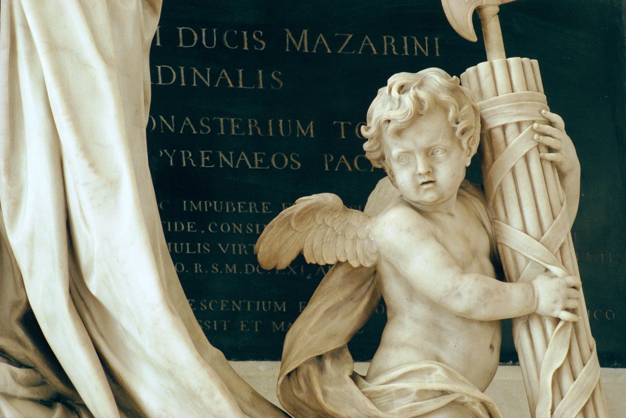 红衣主教Jules Mazarin 1602-61 1689-93墓的细节，在教堂大理石和古铜色 作者 安托万·考耶索
