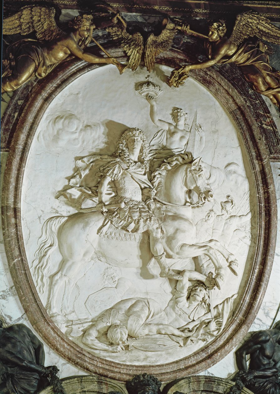 路易十四的骑马肖像（1638-1715）来自Salon de la Guerre，c.1687（灰泥） 作者 安托万·考耶索