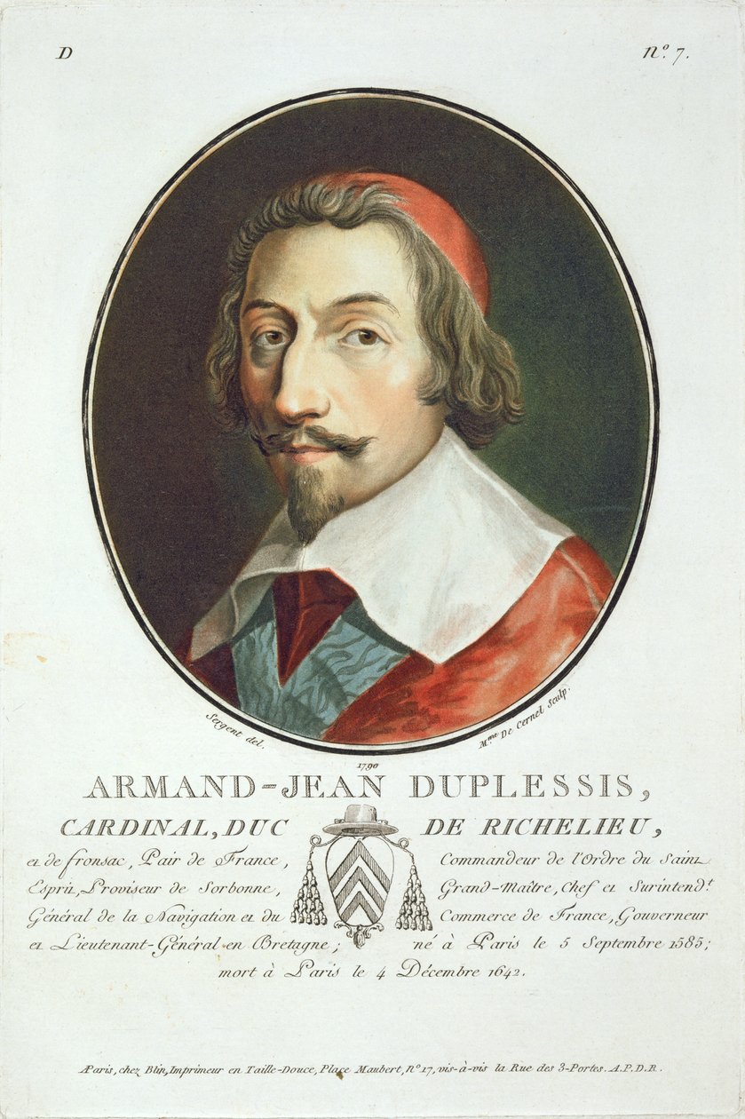 Armand Jean Duplessis，红衣主教，公爵夫人（1585-1642），来自“杰出女性肖像，杰出女性和法国难忘主题”，由Mme de Cernel镌刻，出版于1787  -  92年（颜色 作者 安托万·路易斯·弗朗索瓦·瑟金特·玛索