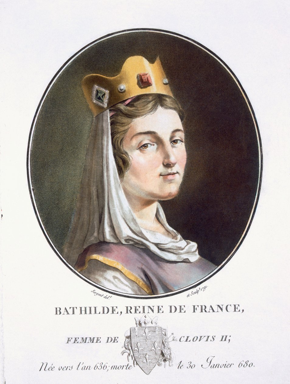 Bathilde，来自“伟大的人物肖像，杰出的女性，以及来自法国的令人难忘的主题，严肃而印刷的色彩”，由巴黎的皮埃尔·布林，1786-92出版（彩色版画） 作者 安托万·路易斯·弗朗索瓦·瑟金特·玛索