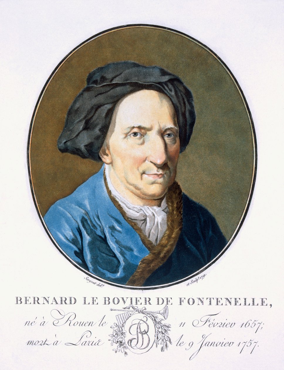 伯纳德Fontenelle的Bovier，来自“伟大的人物肖像，杰出的女性，以及法国令人难忘的主题，坟墓和印刷的颜色”，由巴黎的皮埃尔布林，1786-92出版（颜色 作者 安托万·路易斯·弗朗索瓦·瑟金特·玛索