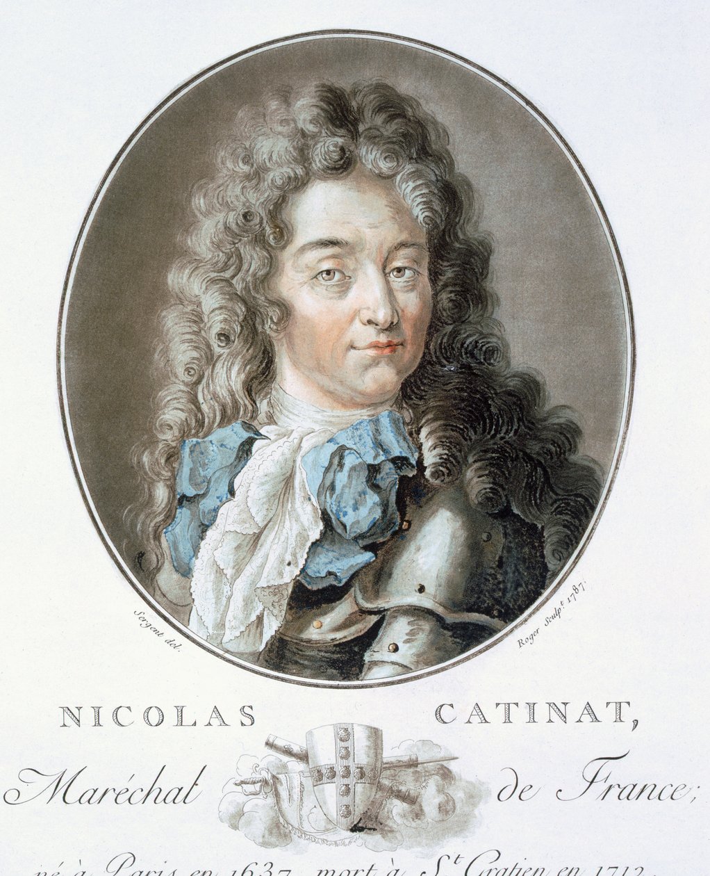 尼古拉斯·卡蒂纳特（Nicolas Catinat），来自“伟大的男人，杰出的女性肖像，以及法国令人难忘的主题，严肃而印刷的色彩”，由巴黎的皮埃尔·布林（James Blin），1786-92出版（彩色版画） 作者 安托万·路易斯·弗朗索瓦·瑟金特·玛索