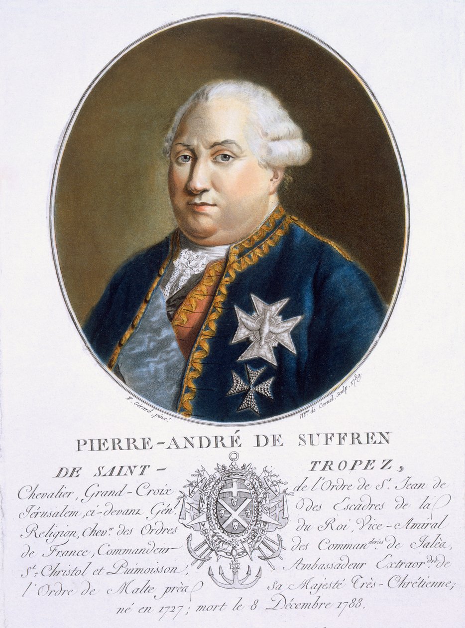 圣特罗佩的皮埃尔 - 安德烈·德·萨弗伦（Pierre-Andre de Suffren），来自“伟大的人物肖像，杰出的女性，以及法国令人难忘的主题，严肃而印刷的色彩”，由巴黎1786-92号皮埃尔·布林出版（col 作者 安托万·路易斯·弗朗索瓦·瑟金特·玛索
