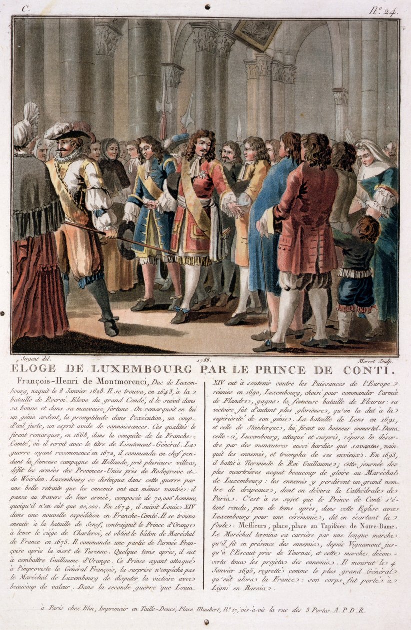 Prince de Conti（1664-1709）在Neerwinden战役（1693年）获胜后赞扬卢森堡公爵（1628-95），由Jean Baptiste Morret（1790-1820）雕刻，1788年（彩色雕刻） 作者 安托万·路易斯·弗朗索瓦·瑟金特·玛索
