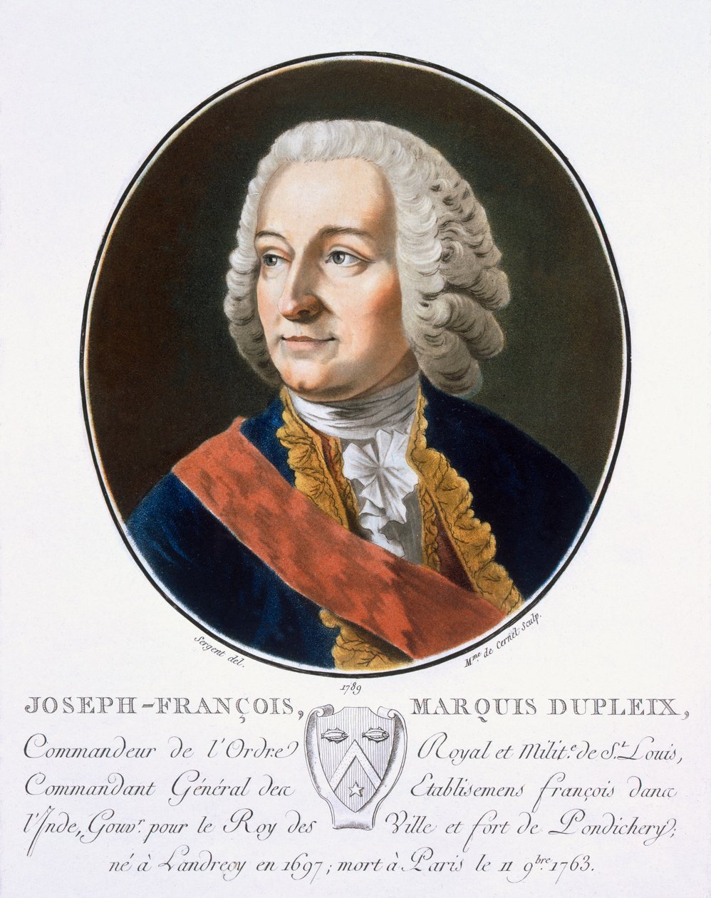 约瑟夫 - 弗朗索瓦，Marquis Dupleix，来自“伟大的人物肖像，杰出的女性，以及法国令人难忘的主题，坟墓和印刷的颜色”，由巴黎1786-92号皮埃尔·布林出版（颜色 作者 安托万·路易斯·弗朗索瓦·瑟金特·玛索