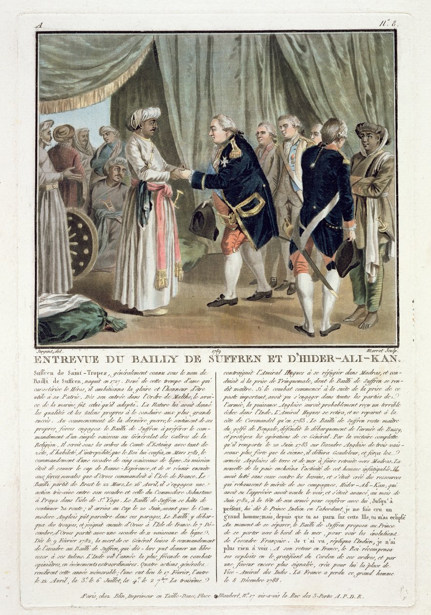 Pierre Andre de Suffren de Saint Tropez（1729-88）和Haider Ali（1728-82），1782年的会议，由Jean Baptiste Morret（1790-1820）雕刻，1789年 作者 安托万·路易斯·弗朗索瓦·瑟金特·玛索