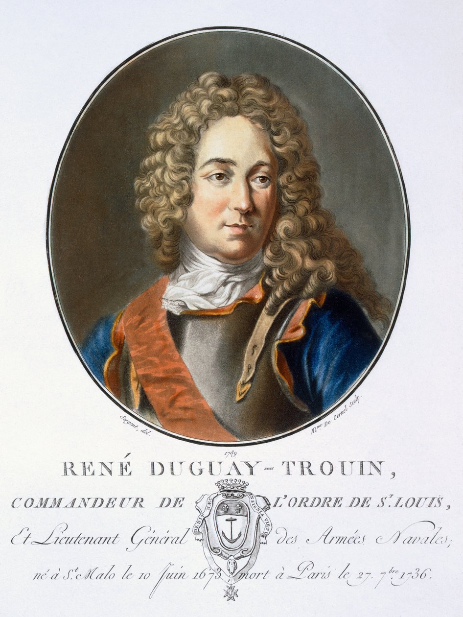 Rene Duguay-Trouin，来自“伟大的男人，杰出女性的肖像，以及法国令人难忘的主题，严肃而印刷的色彩”，由巴黎的皮埃尔·布林，1786-92出版（彩色版画） 作者 安托万·路易斯·弗朗索瓦·瑟金特·玛索
