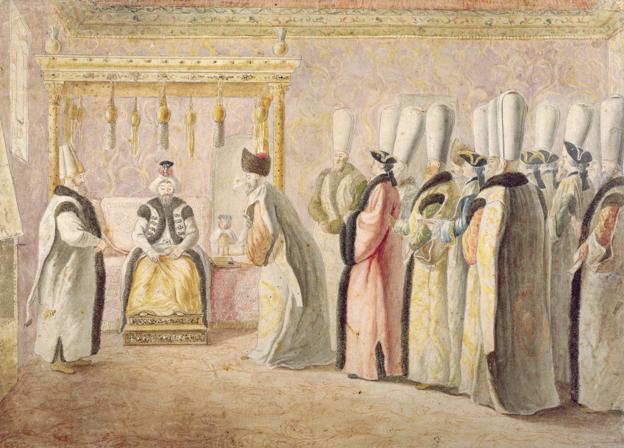 1768年12月17日，法国大使查尔斯·格拉维尔（1717-87），Comte de Vergennes与苏丹穆斯塔法三世（1717-74）在君士坦丁堡的告别观众 作者 安托万·德·法夫雷