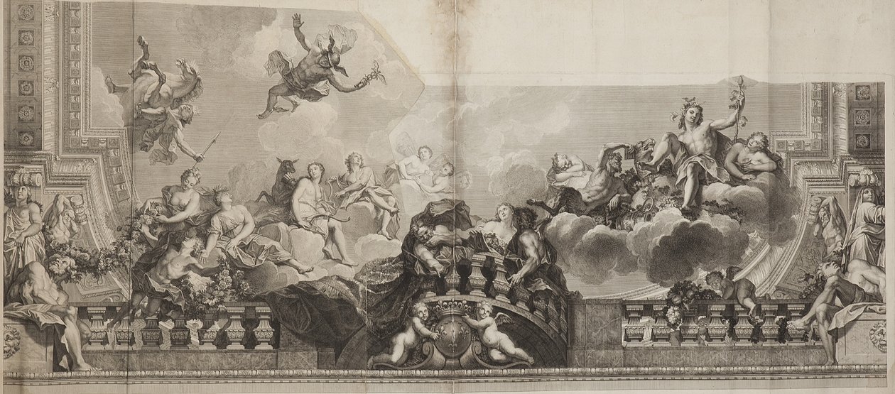 尼古拉斯·亨利·塔迪厄（Nicolas Henri Tardieu）雕刻的皇家宫殿大画廊天花板中央面板设计（1674-1749） 作者 安托万（后）Coypel