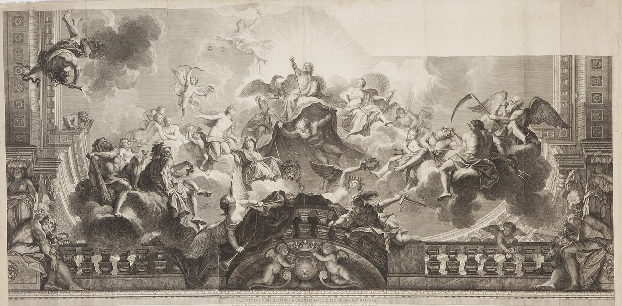 皇家宫殿大画廊天花板中心板的设计，由尼古拉-亨利-塔迪欧（Nicolas Henri Tardieu，1674-1749）雕刻。 作者 安托万（后）Coypel