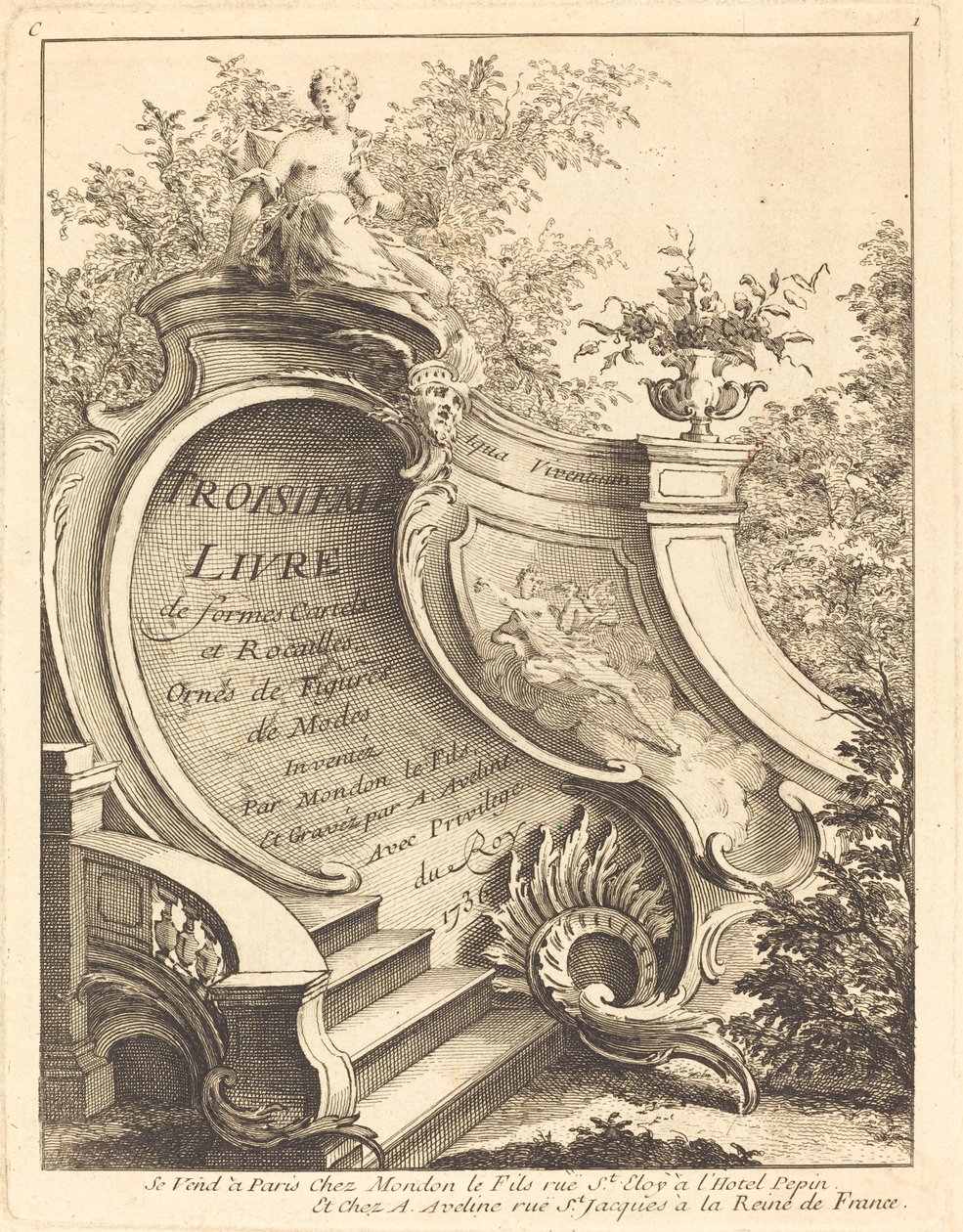 Troisieme livre de formes Cartels et Rocailles 标题页，1736年。 作者 安托万·艾夫林（Antoine Aveline）
