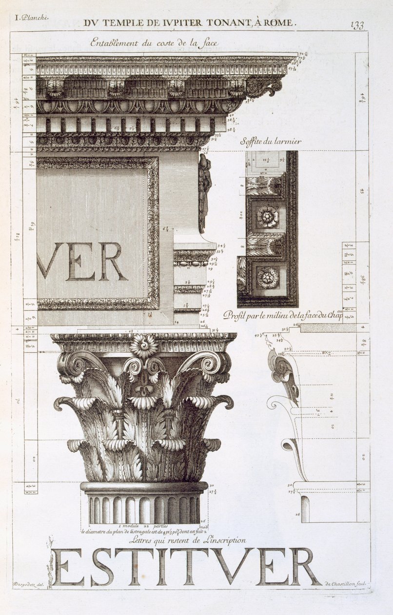 1682年&39;Les Edifices Antiques de Rome&39;中的木星Tonans（The Thunderer）神殿的资本和资本 作者 安托万·巴比（Antoine Babuty）