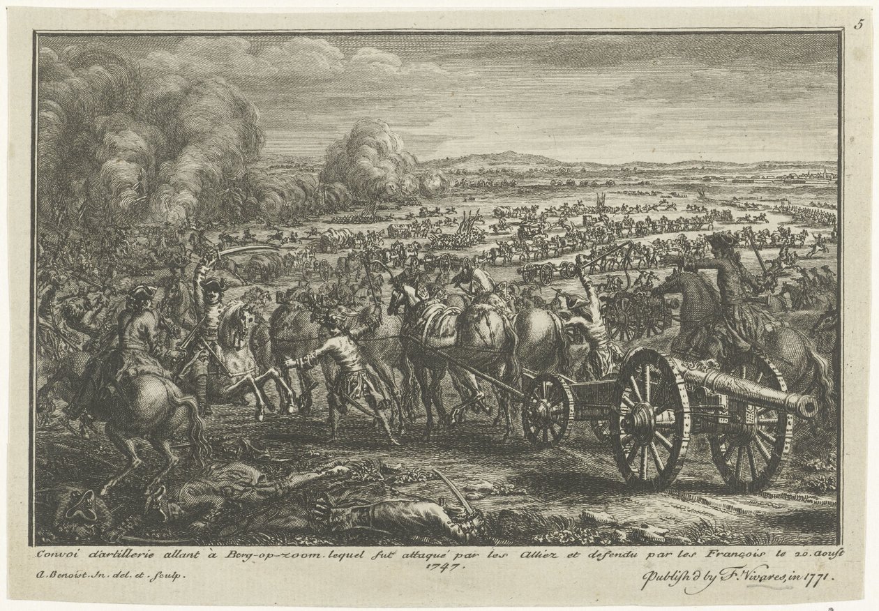 Aanval van Geallieerden op een Franse artillerietransport, 1747
1747 年 10 月 20 日，前往 Berg-op-Zoom 的炮兵车队遭到阿利埃兹人的攻击，法兰克人进行了防御（标题见实物）
Oostenrijkse Successieoorlog 的场景（系列 作者 安托万·贝诺