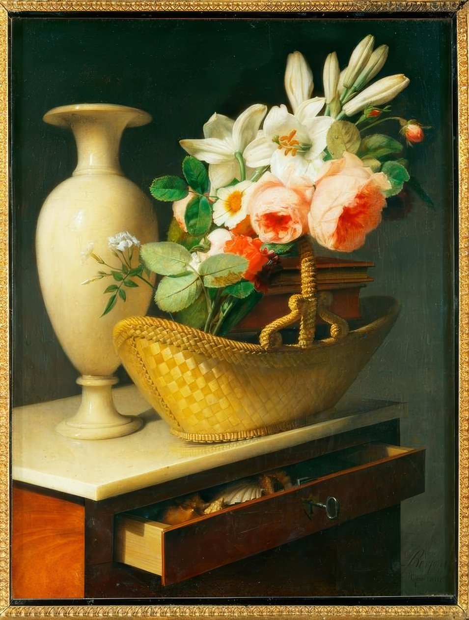 Blumenstrauß aus Lilien und Rosen in einem Korb auf einer Chiffonniere 作者 安托万·伯戎（Antoine Berjon）