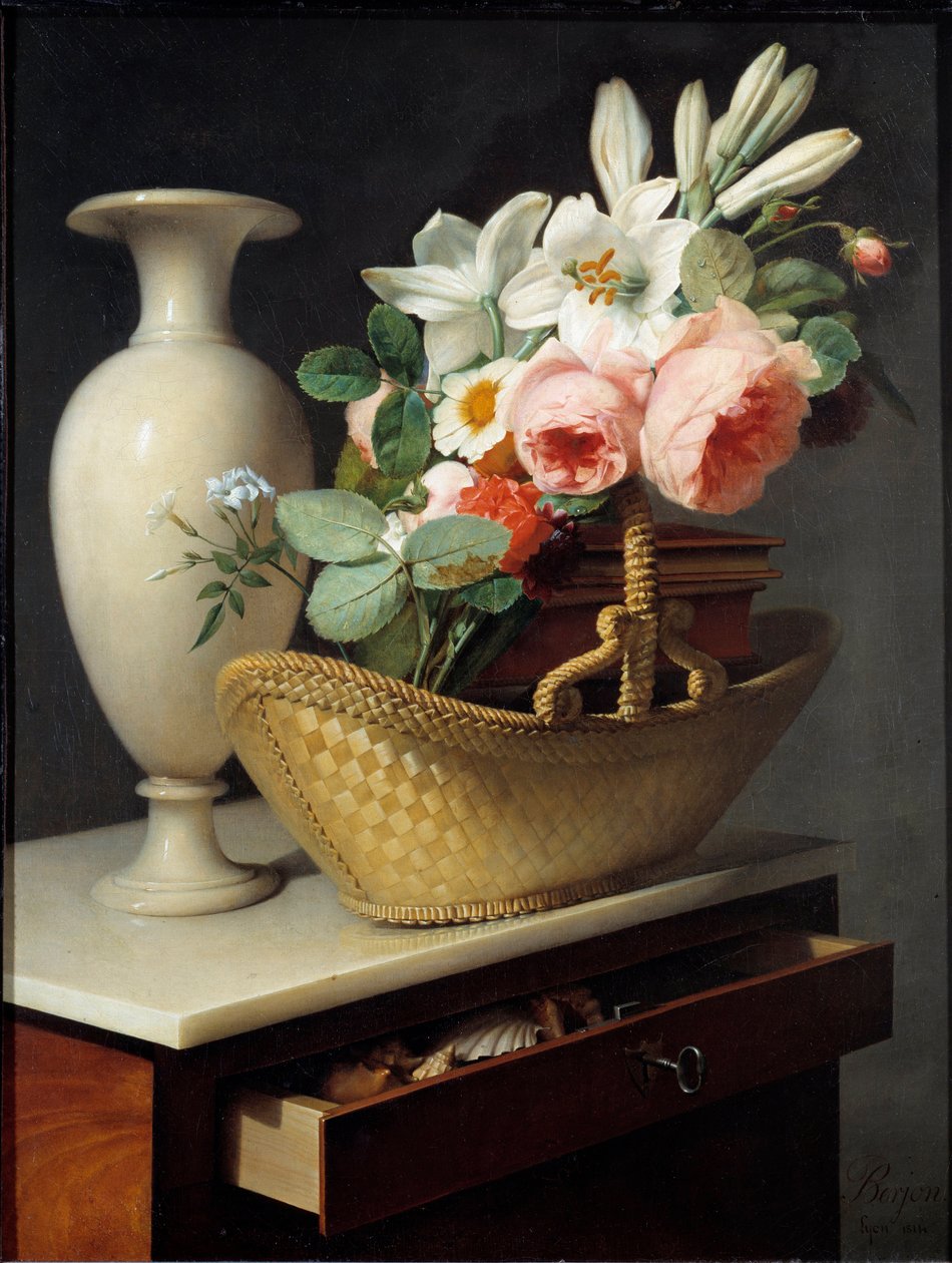 放在抹布上的篮子里的百合和玫瑰花束 Antoine Berjon (1754-1843) 1814 年作画。 0,66x0,49 米。 作者 安托万·伯戎（Antoine Berjon）