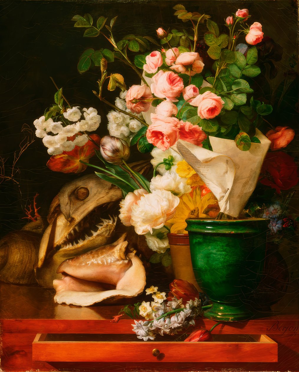 Stillleben mit Blumen, Muscheln, Haikopf 作者 安托万·伯戎（Antoine Berjon）
