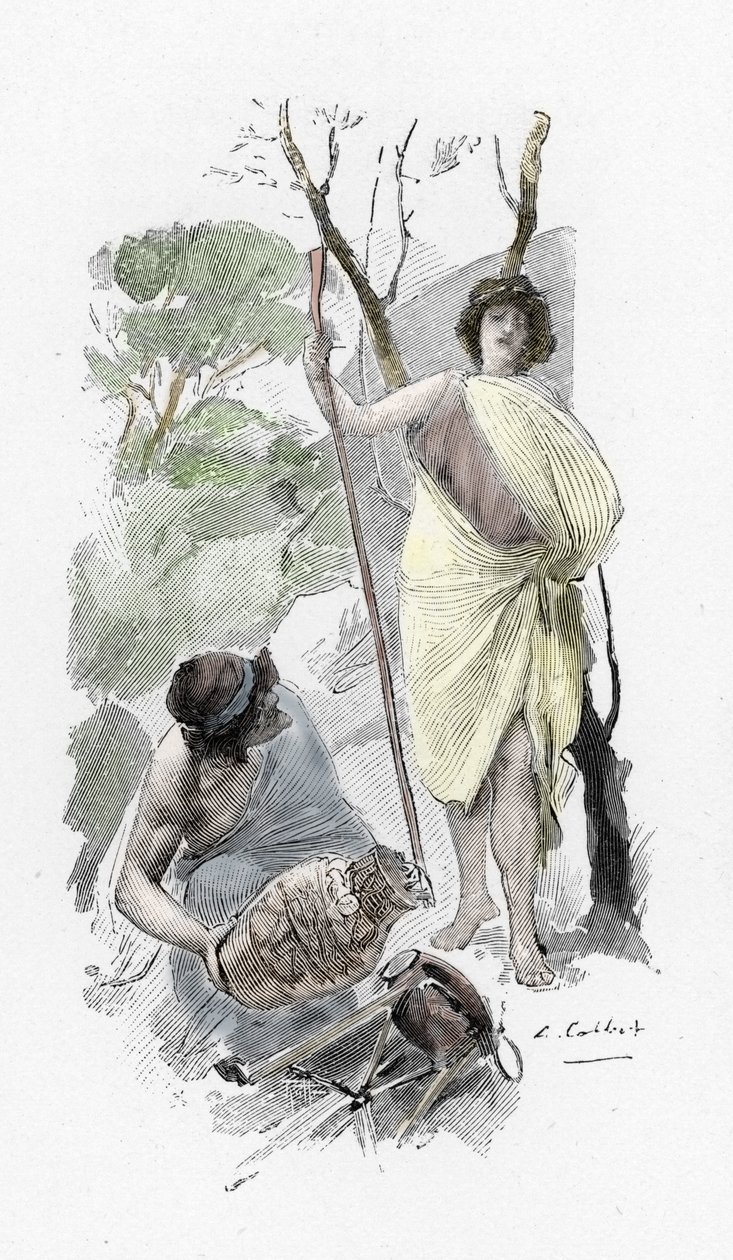 荷马史诗：奥德赛：圣歌 XIII：年轻牧羊人雅典娜·德吉西 (Athena deguisee) 迎接尤利西斯·伊萨克 (荷马的奥德赛：奥德修斯返回伊萨卡，遇见伪装成牧童的雅典娜) Antoine Calbet (1860-1944) 为《奥德赛》绘制的插图 希腊语 p 作者 安托万·卡尔贝
