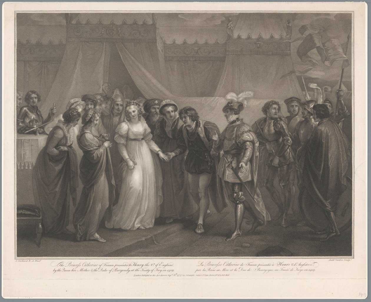 凯瑟琳·范·瓦卢瓦 (Catherine van Valois) 和亨德里克·五世·范·英格兰 (Hendrik V van Engeland)，1420 年 法国凯瑟琳公主于 1419 年赠送给英格兰亨利五世 (...) / 法国凯瑟琳公主 (...)（物品上的标题） 作者 安托万·卡登（Antoine Cardon）