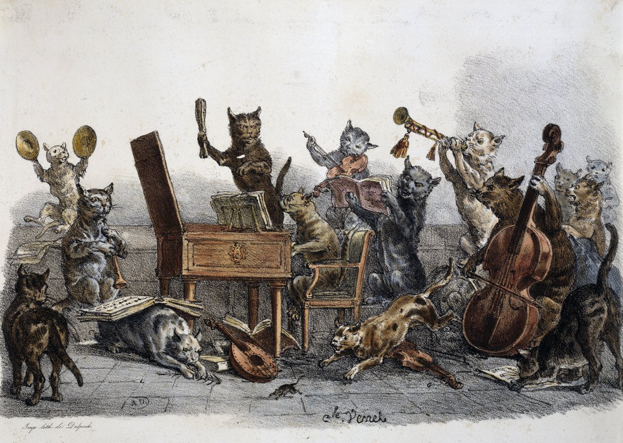 业余音乐会，猫咪演奏乐器的漫画，雕刻家Carle Vernet（1758-1836），法国 作者 安东尼·查尔斯·贺拉斯·韦尔内