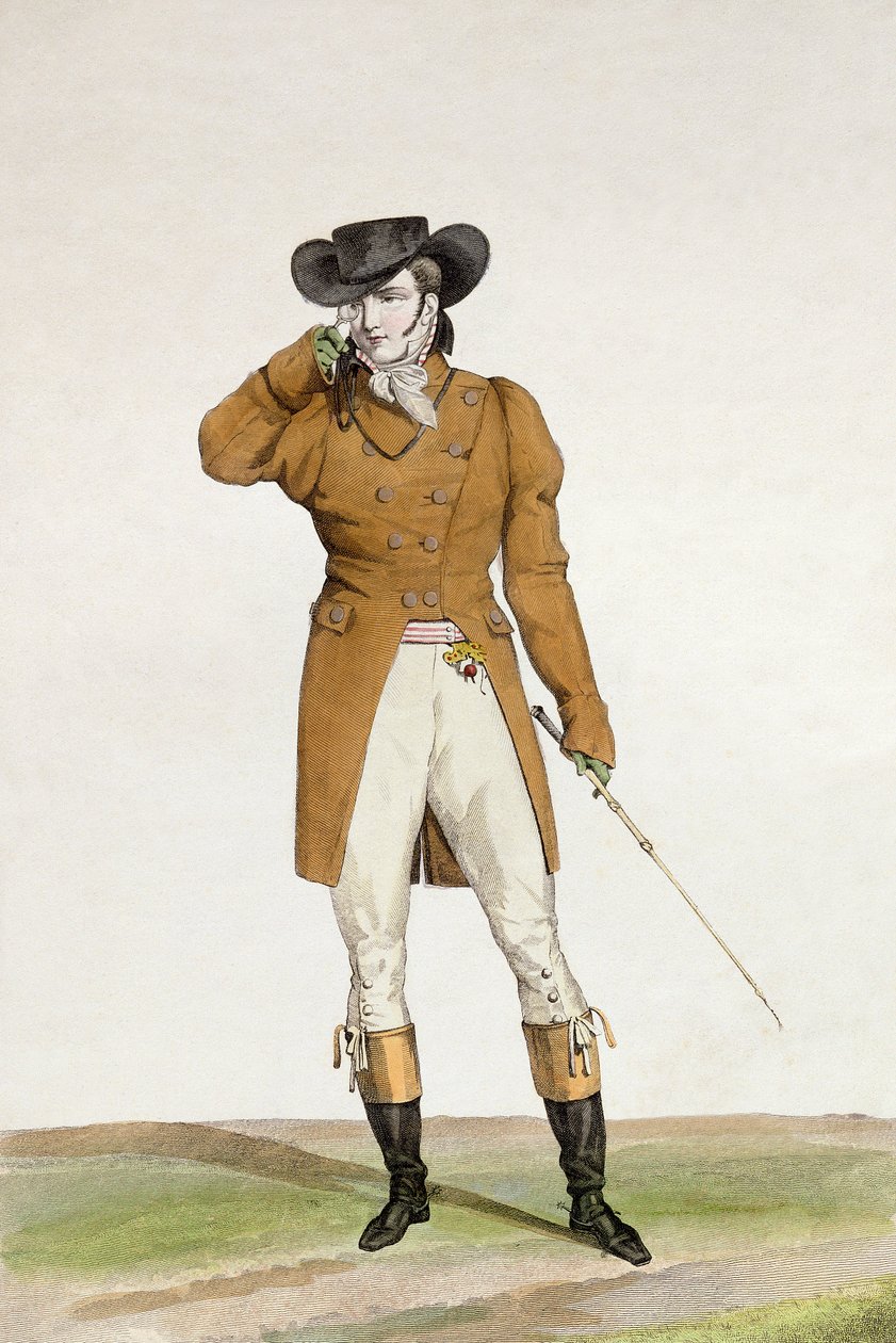 Dandy身着船形帽子，dun-colored夹克和鹿皮马裤，来自&39;Incroyable et merveilleuses&39;系列时尚盘子的盘子1，由Georges Jacques Gatine（1773-183）雕刻 作者 安东尼·查尔斯·贺拉斯·韦尔内