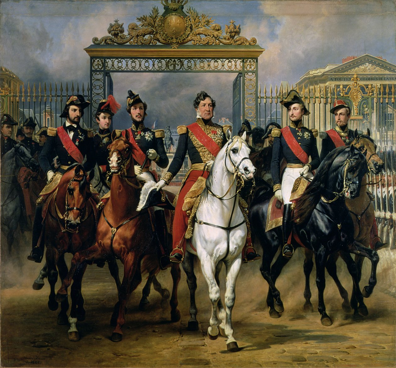 1846年，法国国王路易斯 - 菲利普（1773-1850）和他的儿子们骑马离开凡尔赛宫 作者 安东尼·查尔斯·贺拉斯·韦尔内