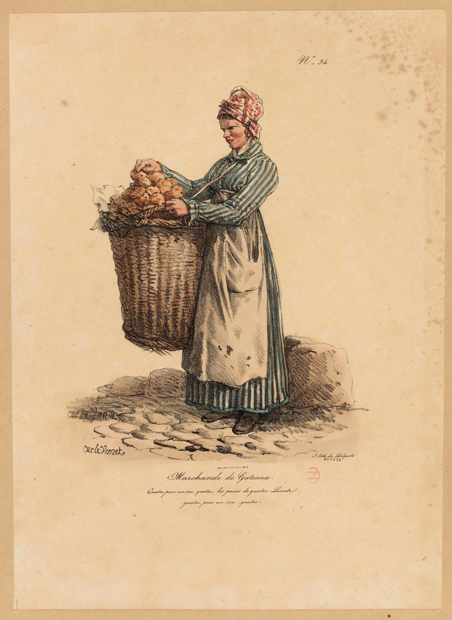 蛋糕卖家，来自The Cries of Paris系列的第34号，由Francois Seraphin Delpech（1778-1825）雕刻 作者 安东尼·查尔斯·贺拉斯·韦尔内