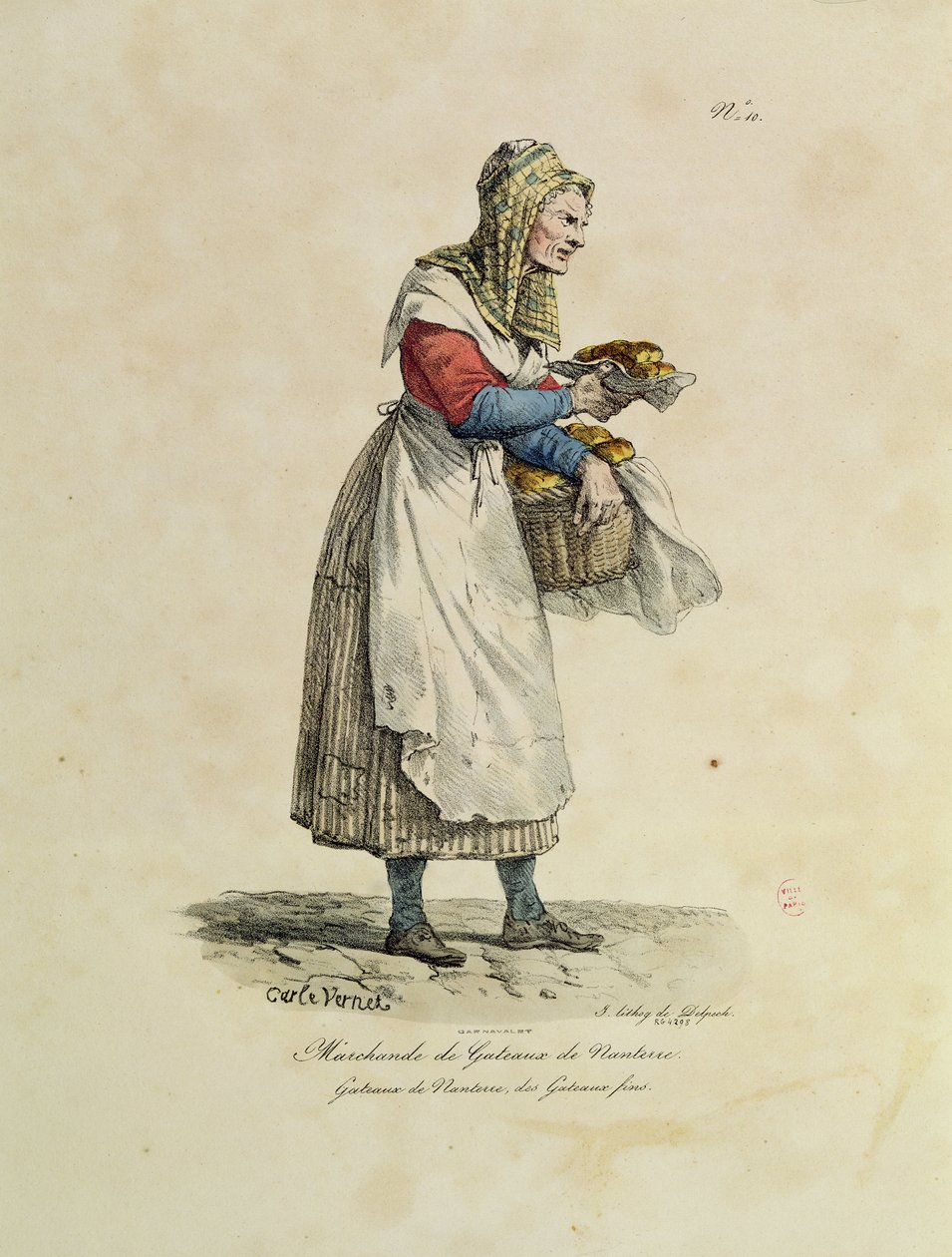 来自&39;The Cries of Paris&39;系列的10号Nanterre Cake卖家，由Francois Seraphin Delpech（1778-1825）（彩色光刻）雕刻而成 作者 安东尼·查尔斯·贺拉斯·韦尔内