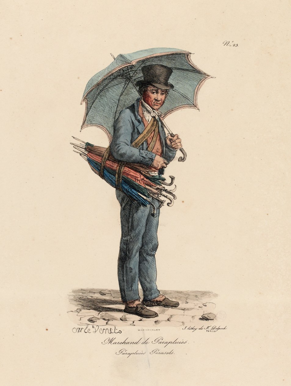 来自The Cries of Paris系列的第18号Umbrella和Parasol卖家，由Francois Seraphin Delpech（1778-1825）雕刻而成 作者 安东尼·查尔斯·贺拉斯·韦尔内