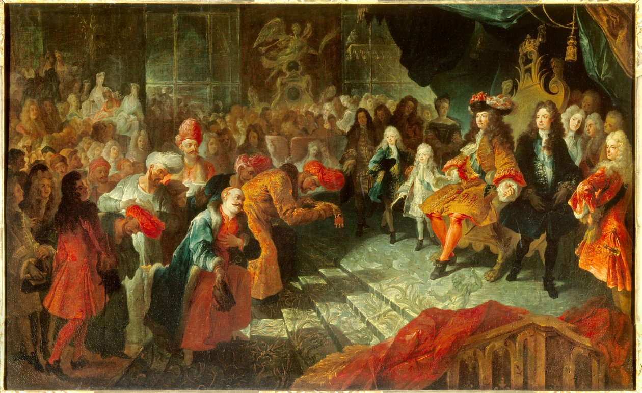 路易十四国王 (1638-1715) 于 1715 年 2 月 19 日在凡尔赛的冰淇淋画廊接待了波斯特命大使 Mehemet Reza Bey (Raza-Bey) 的绘画归功于 Antoine Coypel (1661-1722) Sun。 0,7x1,5 m 作者 安托万·科佩尔