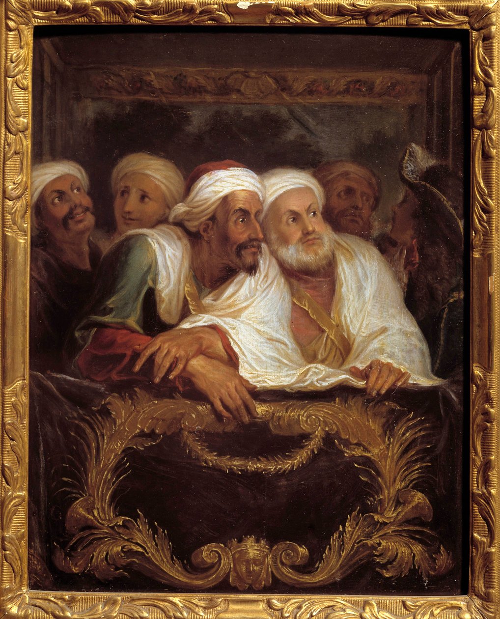 摩洛哥大使 Mohamed Temin 于 1682 年 2 月在巴黎的一家意大利喜剧小屋参加一场演出，Antoine Coypel（1661-1722）的绘画作品，17 世纪 0,28x0,22 米 作者 安托万·科佩尔