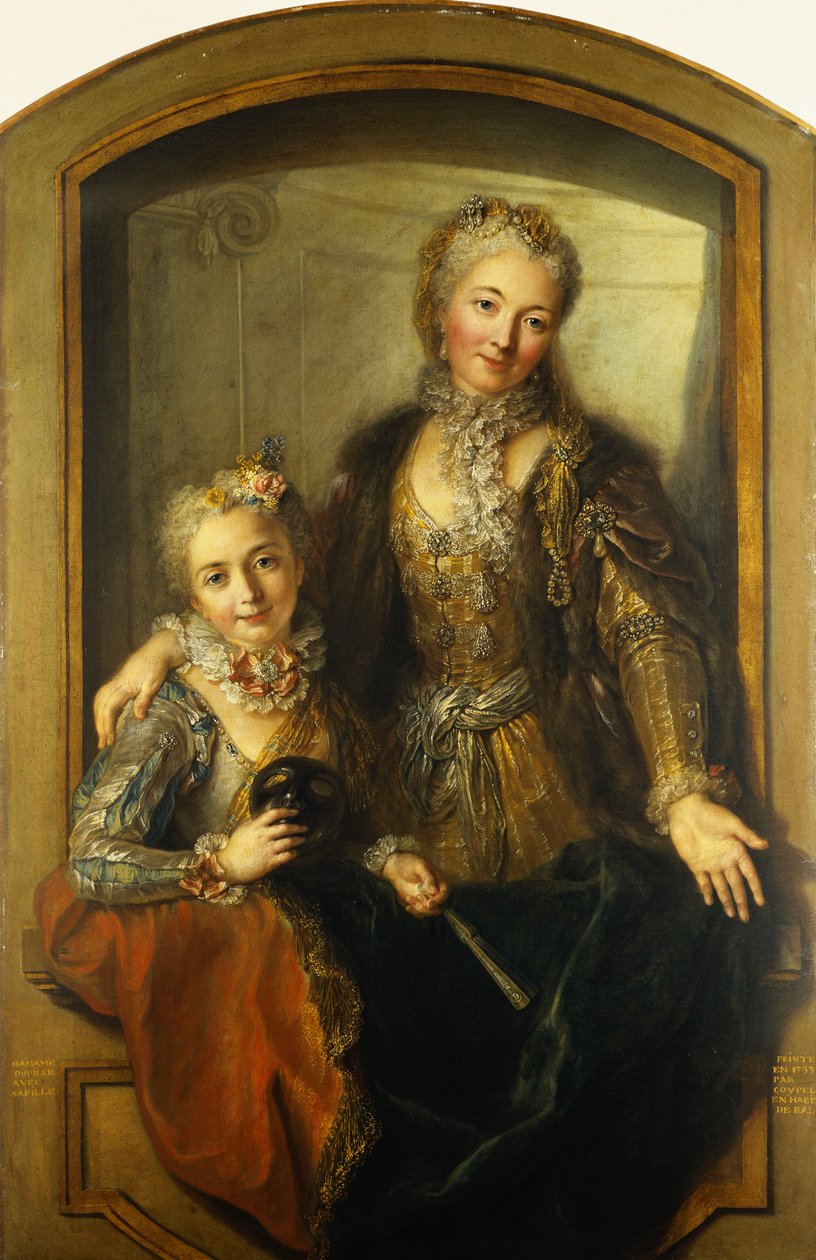 杜比夫人和她的女儿的肖像，中体，穿着窗口的晚礼服，1733年 作者 安托万·科佩尔