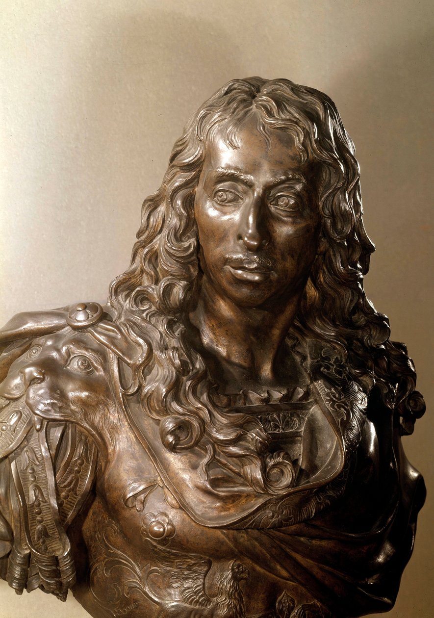 波旁国王路易二世的青铜半身像，被称为大孔德 (1621-1686) (Bourbon-Conde)。 Antoine Coysevox (1640-1720) 17 世纪的雕塑。 作者 安托万·考耶索
