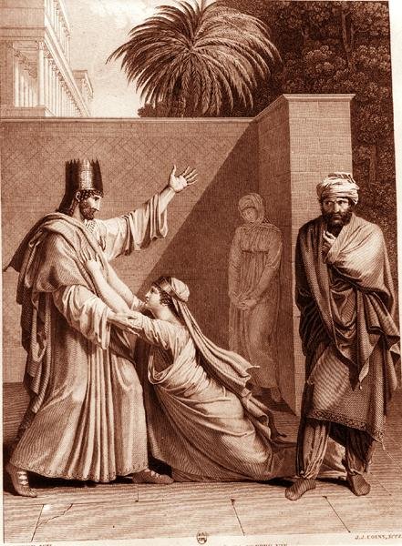 以斯帖在阿曼面前恳求阿苏鲁斯，插图来自让-拉辛（1639-99）的《以斯帖》，由J.J. Coiny刻制（雕刻）（黑白照片）。 作者 Antoine Denis (after) Chaudet