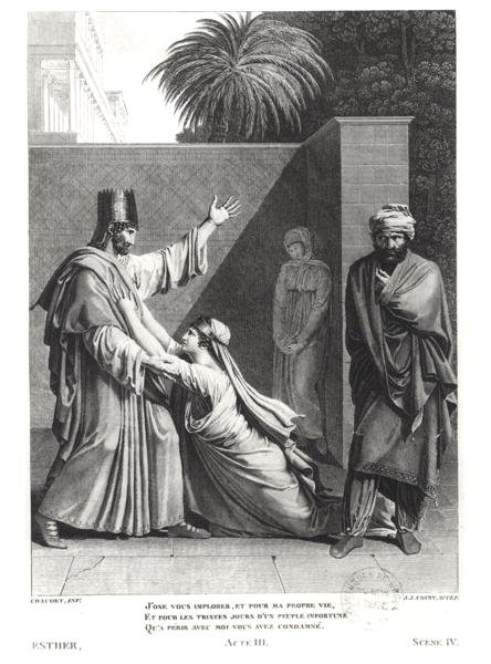 Esther Imploring Assuerus在Aman的存在下，由Esther by Jean Racine（1639-99）绘制的插图由JJ Coiny（1761-1809）雕刻 作者 安托万·丹尼斯·肖代