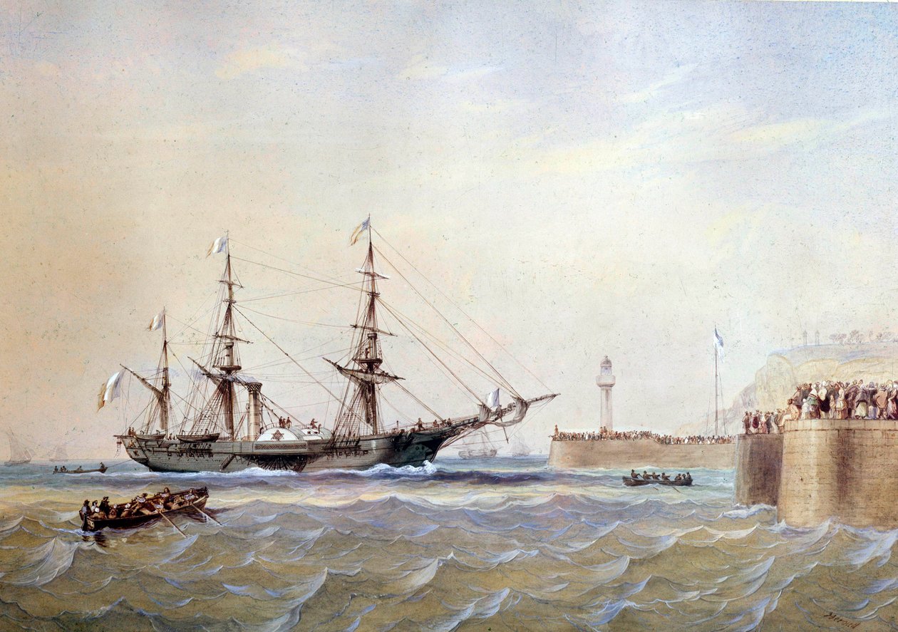 19 世纪返回勒阿弗尔港的轮船 Antoine Desire Heroult（1802-1853）的水彩画 19 世纪巴黎，海洋博物馆 作者 安托万欲望英雄