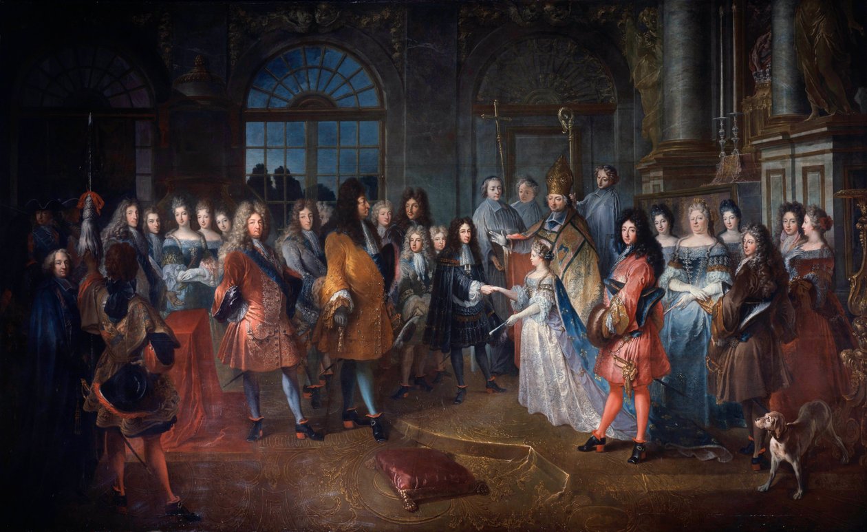 1697 年 7 月 12 日，勃艮第公爵路易·德·法兰西 (Louis de France) 与萨伏依 (Savoy) 的玛丽·阿德莱德 (Marie Adelaide) 结婚 仪式在路易十四 (1638-1715) 国王在场的情况下举行。 新婚夫妇受到红衣主教德科斯林的祝福。 安托万·迪厄 (Antoine Dieu) 的绘画 (166 作者 安托万·迪厄（Antoine Dieu）
