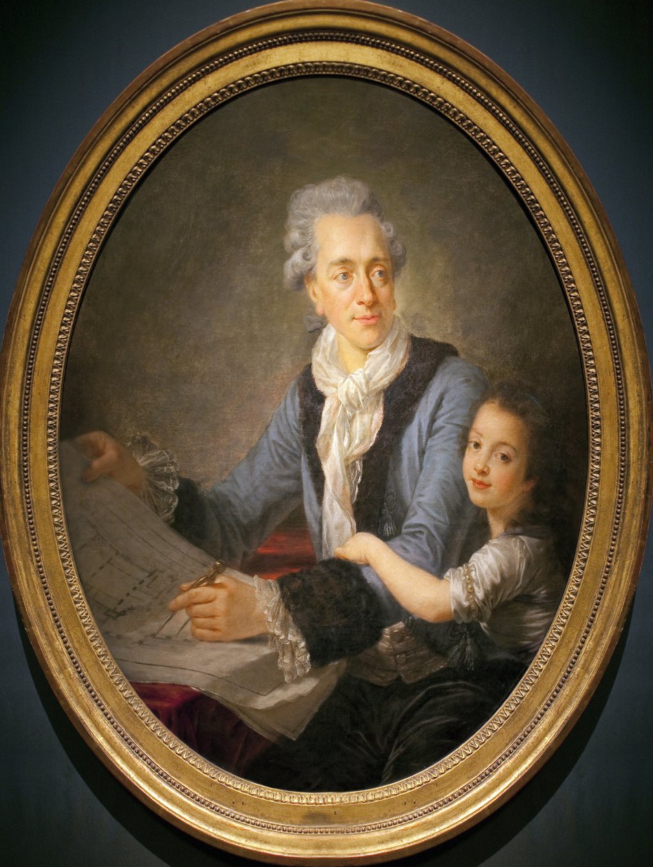 克劳德-尼古拉-勒杜（1736-1806）的肖像，和他的女儿阿德莱德。(Ledoux拿着Arc et Senans工业城市（Franche Comte）主任的房子的图纸，这个理想城市的雄心勃勃的计划，一直没有完成。 作者 安托万·弗朗索瓦·安妮