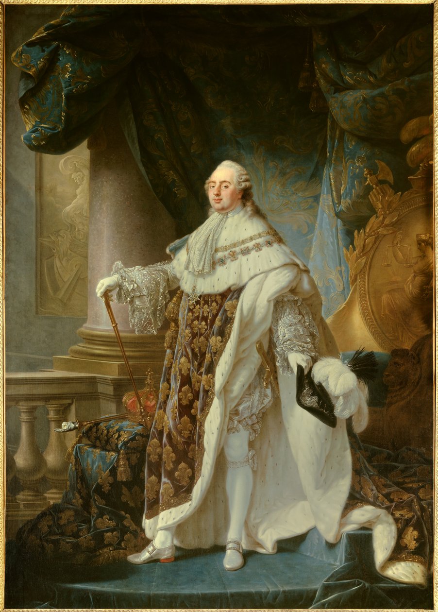 法国路易十六 (1754-1793) 的肖像，1779 年穿着伟大的皇家服装 安托万·弗朗索瓦 (Antoine-Francois) Callet (1741-1823) 1779 年昏暗。 2,7x1,89 m - - 法国国王路易十六（1754-1793）在他的皇冠上的肖像 作者 安托万·弗朗索瓦·安妮