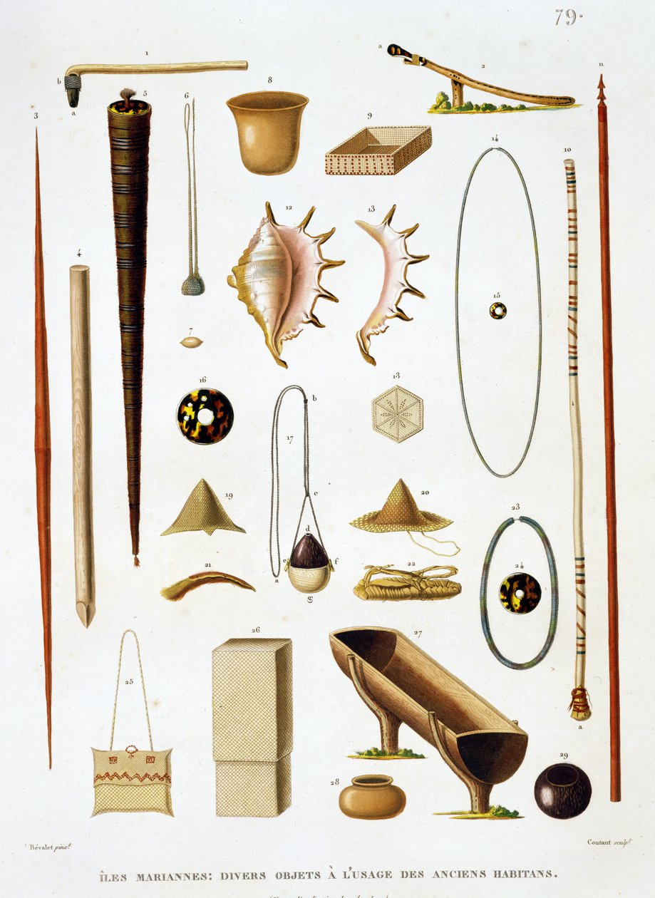 来自Mariannas群岛的家用器具和武器，来自Voyage autour du Monde（1817-20），Louis Claude Desaulses de Freycinet（1779-1842），由Jean Louis Denis Coutant（1776-1831）刻，p 作者 安托万·杰曼·贝瓦莱特（Antoine Germain Bevalet）