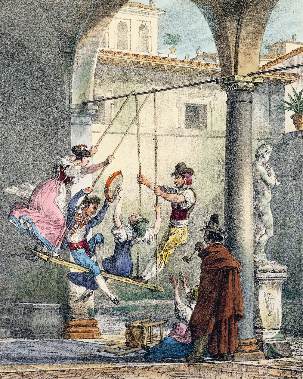秋千》，安托万-让-巴蒂斯特-托马斯（1791-1834）的版画，出自《在罗马和周边地区的一年》，法国 作者 安托万·让·巴蒂斯特·托马斯
