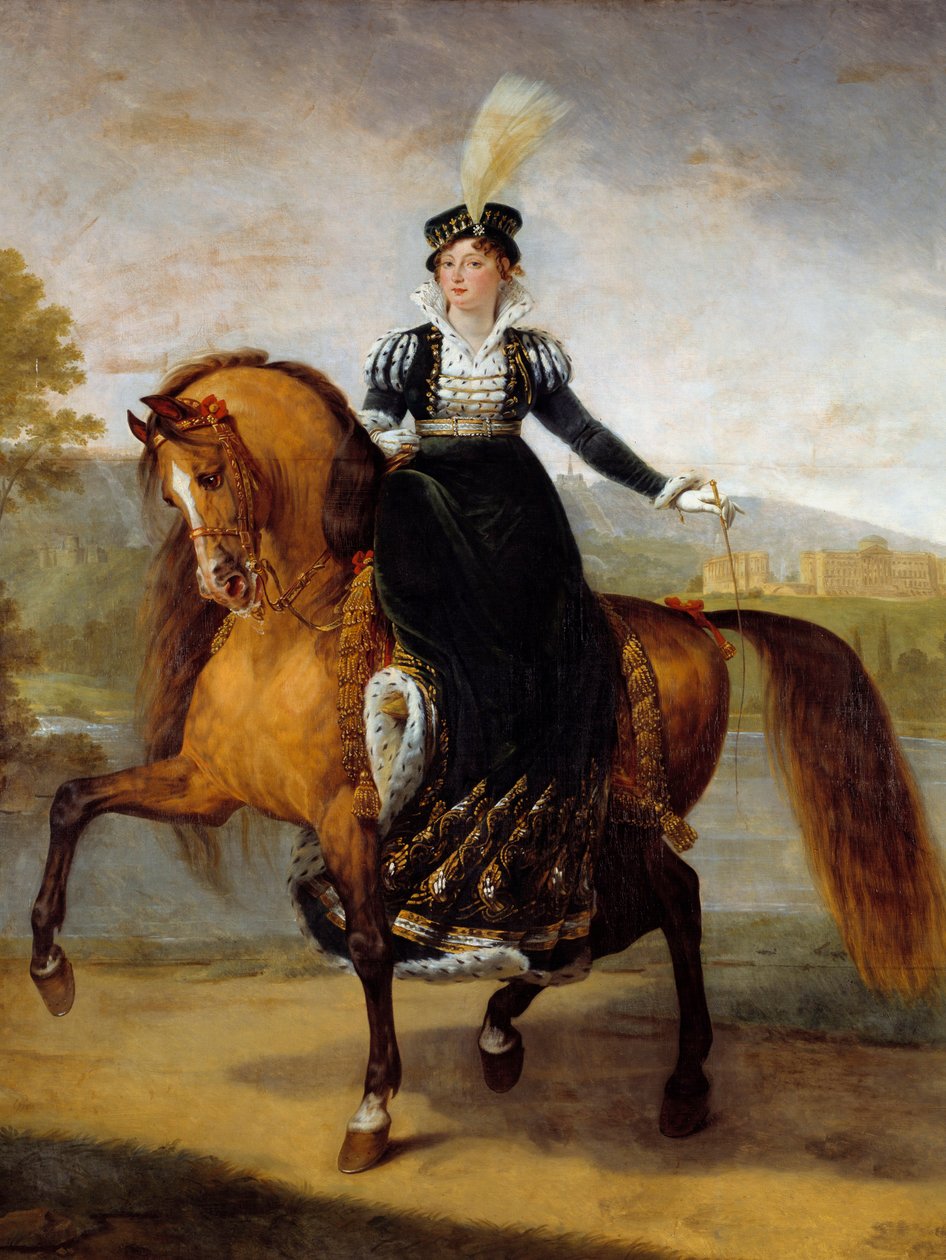 符腾堡的凯瑟琳 (Catherine of Württemberg) 的马术肖像，他是威斯特伐利亚女王 (1783-1835) 的妻子杰罗姆·波拿巴 (Jerome Bonaparte)。 Antoine Jean Gros (1771-1835) 的绘画 作者 安东尼·让·格罗斯