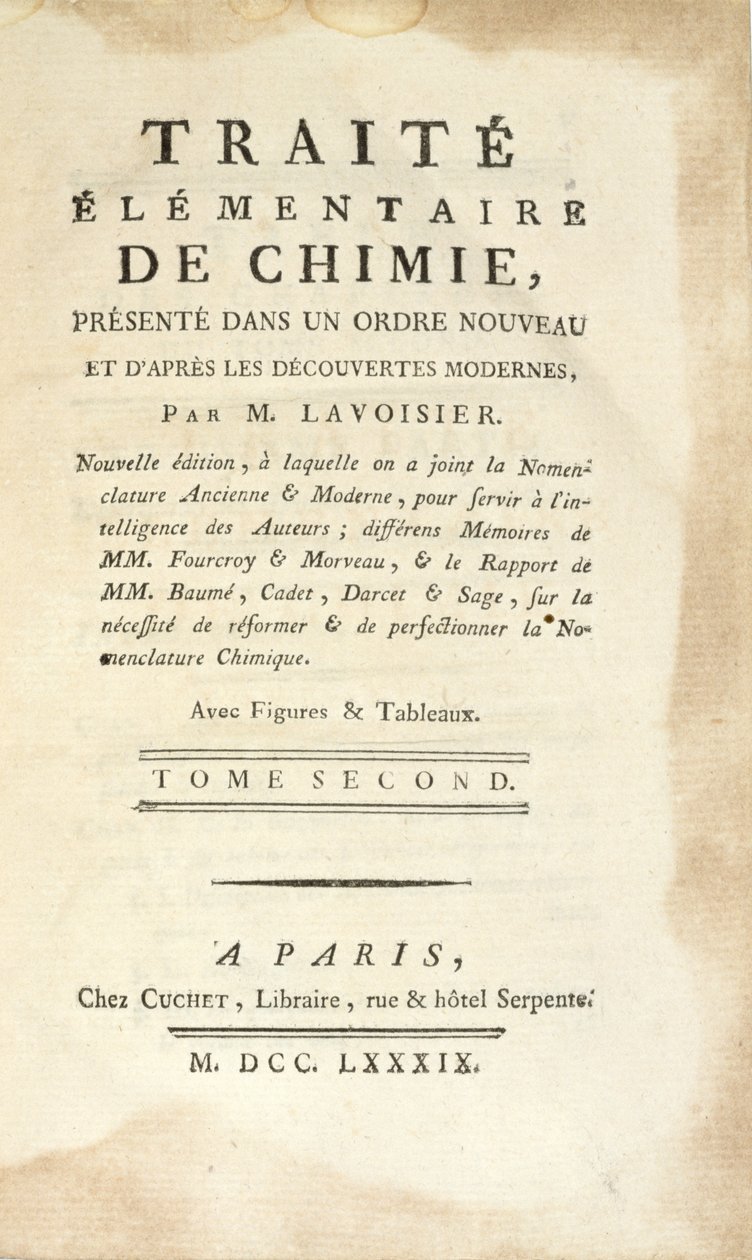化学基础论文题目页，第二卷，1789年在巴黎出版（印刷版） 作者 安托万·洛朗·拉瓦锡（Antoine Laurent de Lavoisier）