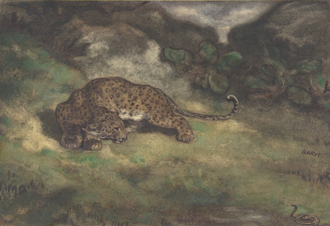 Leopard and Serpent，1810-75（wc on lay paper） 作者 安托万·路易斯·巴里
