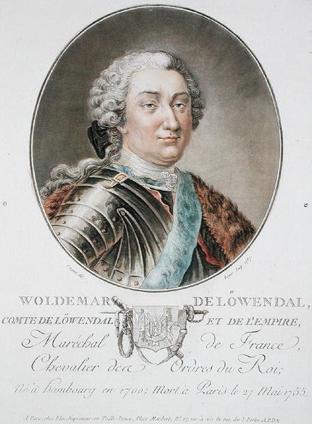 Woldemar de Lowendal (1700-55) 1787年，摘自 "Portraits des grands hommes, femmes illustres, et sujets memorables de France"，由Roger雕刻，1787-92年出版（彩色平印）。 作者 Antoine Louis Francois (after) Sergent-Marceau
