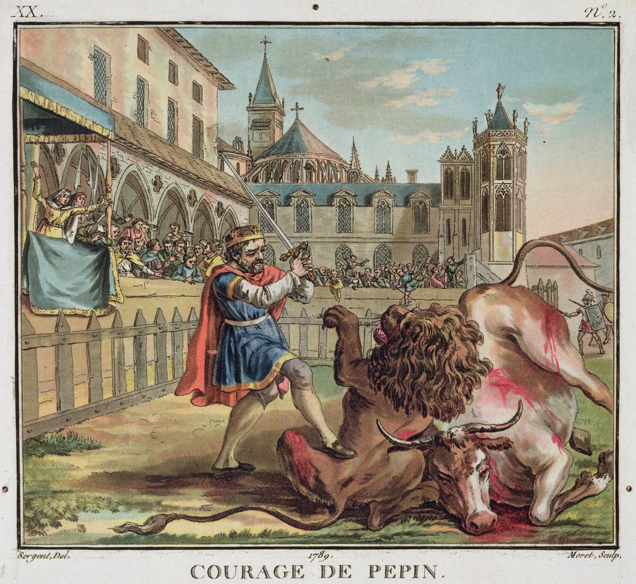 《丕平的勇气》（The Courage of Pepin，714-68 年），由让·巴蒂斯特·莫雷 (Jean Baptiste Morret，fl. 1790-1820) 雕刻，1789 年（彩色雕刻） 作者 Antoine Louis Francois (after) Sergent-Marceau