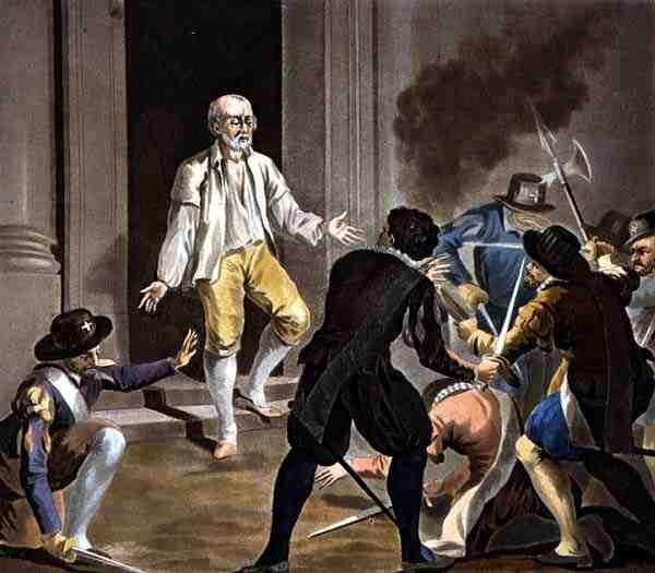 加斯帕德-德-科利尼之死》，让-巴蒂斯特-莫雷特（Jean Baptiste Morret，约 1790-1820 年）1788 年雕刻（彩色版画） 作者 Antoine Louis Francois (after) Sergent-Marceau