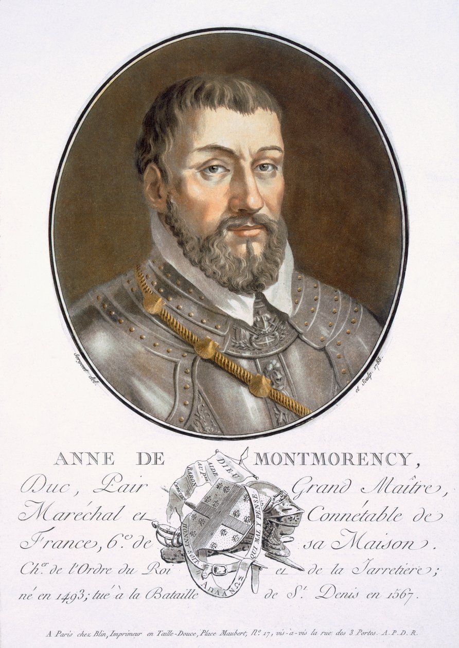安妮·德·蒙莫朗西（Anne de Montmorency），来自伟大的男人，杰出女性的肖像，以及法国令人难忘的主题，严肃而印刷的颜色，由皮埃尔·布林（Pierre Blin）出版，1786-92，巴黎（彩色版画） 作者 安托万·路易斯·弗朗索瓦·瑟金特·玛索