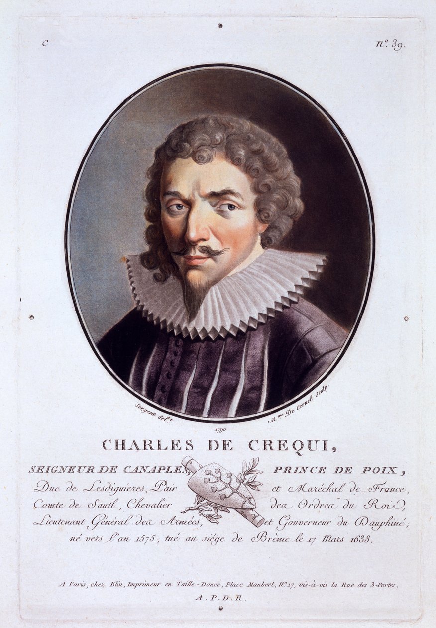查尔斯·德·克雷基（Charles de Crequi），来自伟大的男人，杰出女性的肖像，以及法国令人难忘的主题，严肃而印刷的颜色，由巴黎的皮埃尔·布林（Pierre Blin），1786-92出版（彩色版画） 作者 安托万·路易斯·弗朗索瓦·瑟金特·玛索